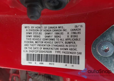 2016 Honda Civic Lx из США, поврежденный, VIN 2HGFC2F52GH576339